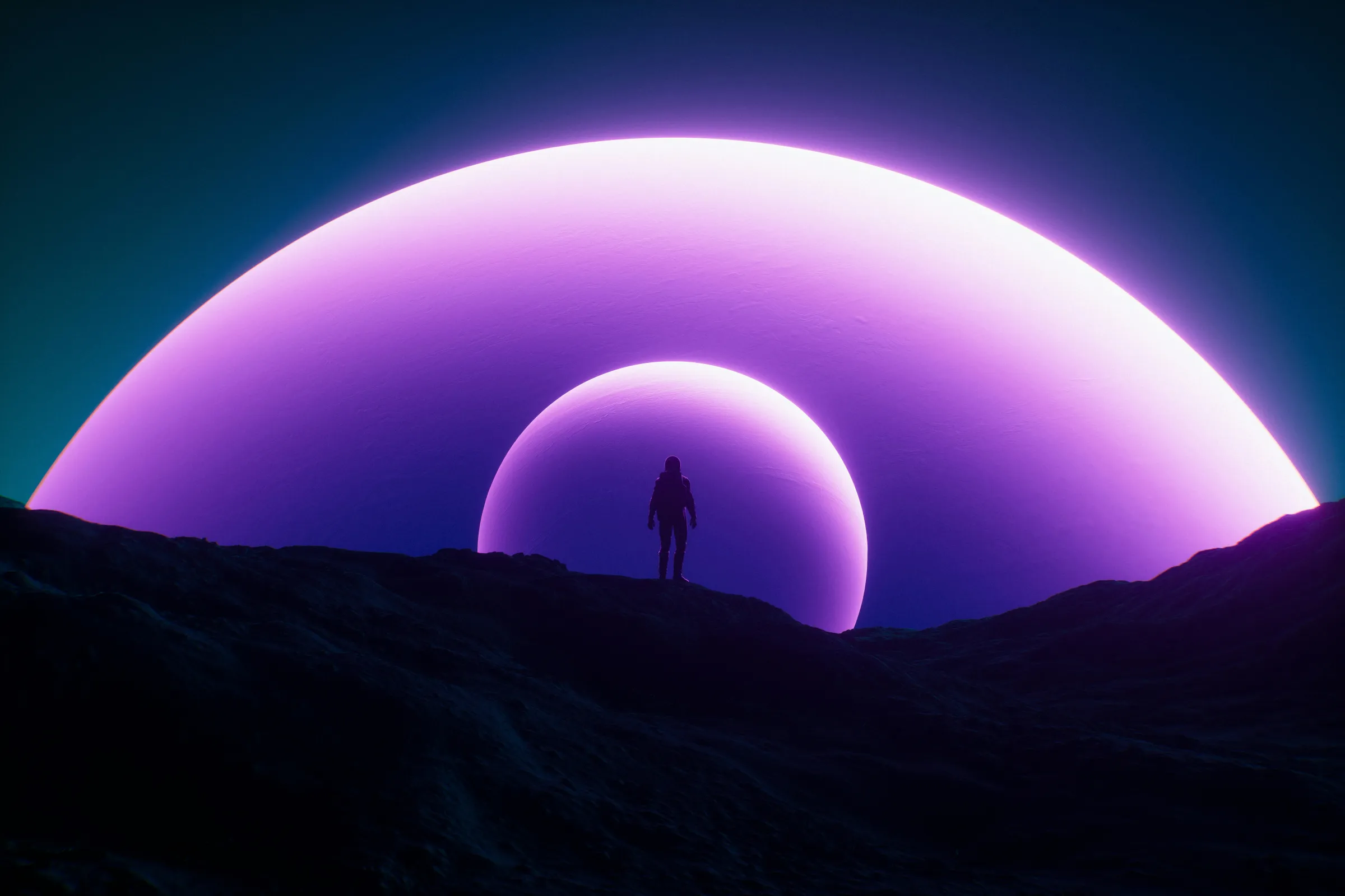 A lone astronaut silhouetted on a dark ridge before two concentric glowing purple arcs against a deep teal-to-navy sky.