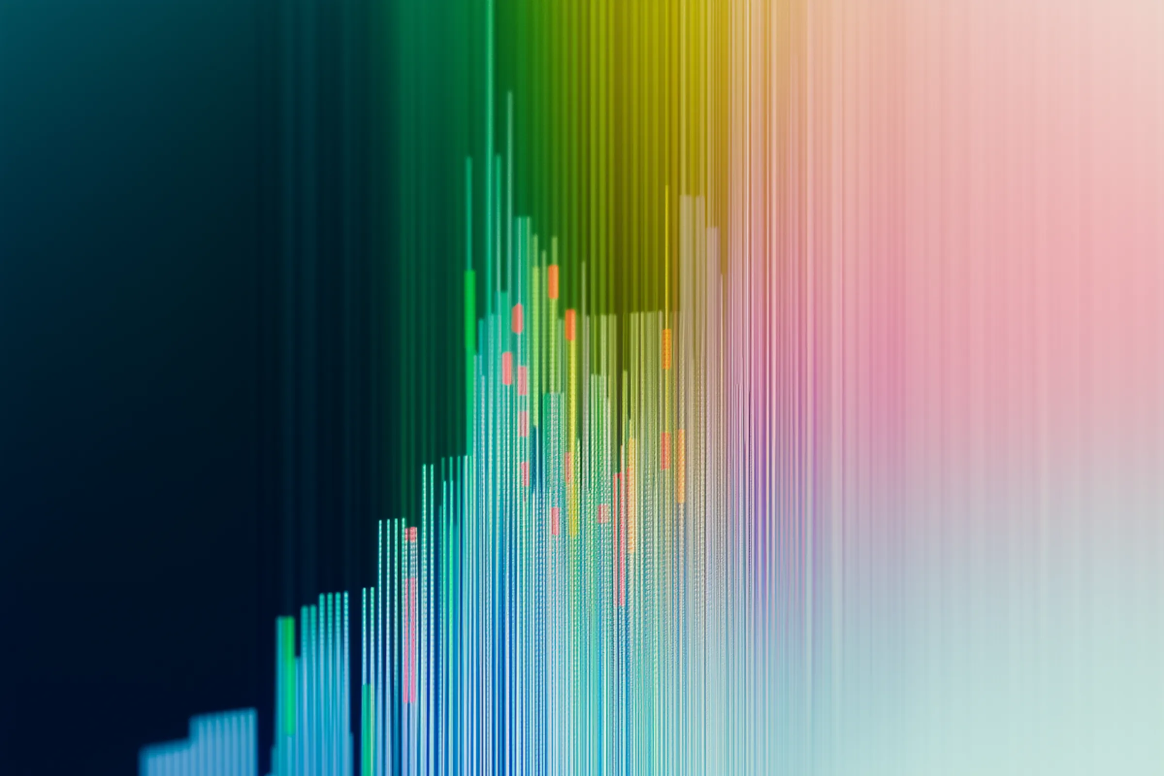 Abstract vertical streaks of light forming a spectrum from dark teal through green and gold to pale pink and grey.