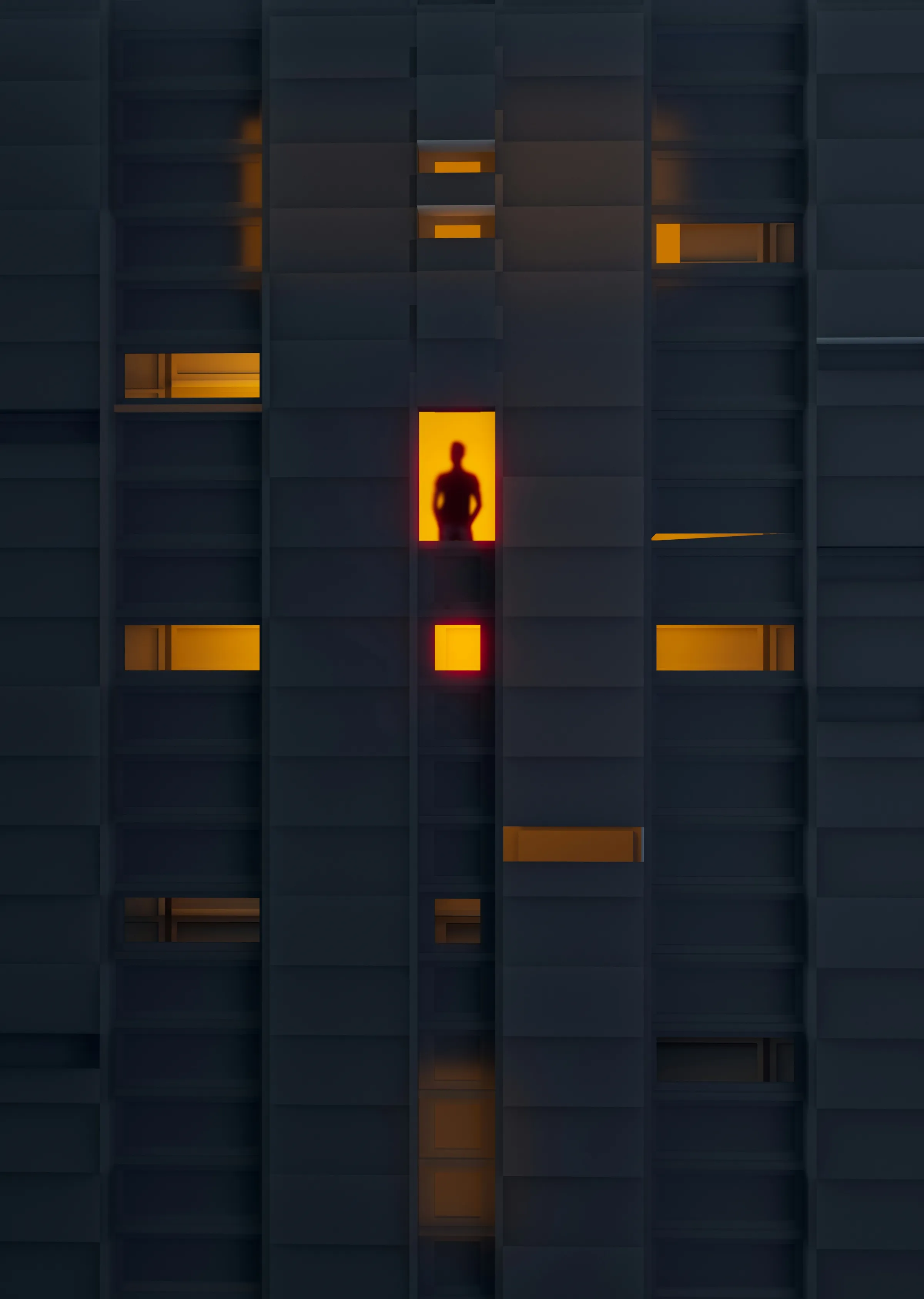 A dark high-rise facade at night with scattered amber-lit windows and a lone silhouetted figure standing in one of them.