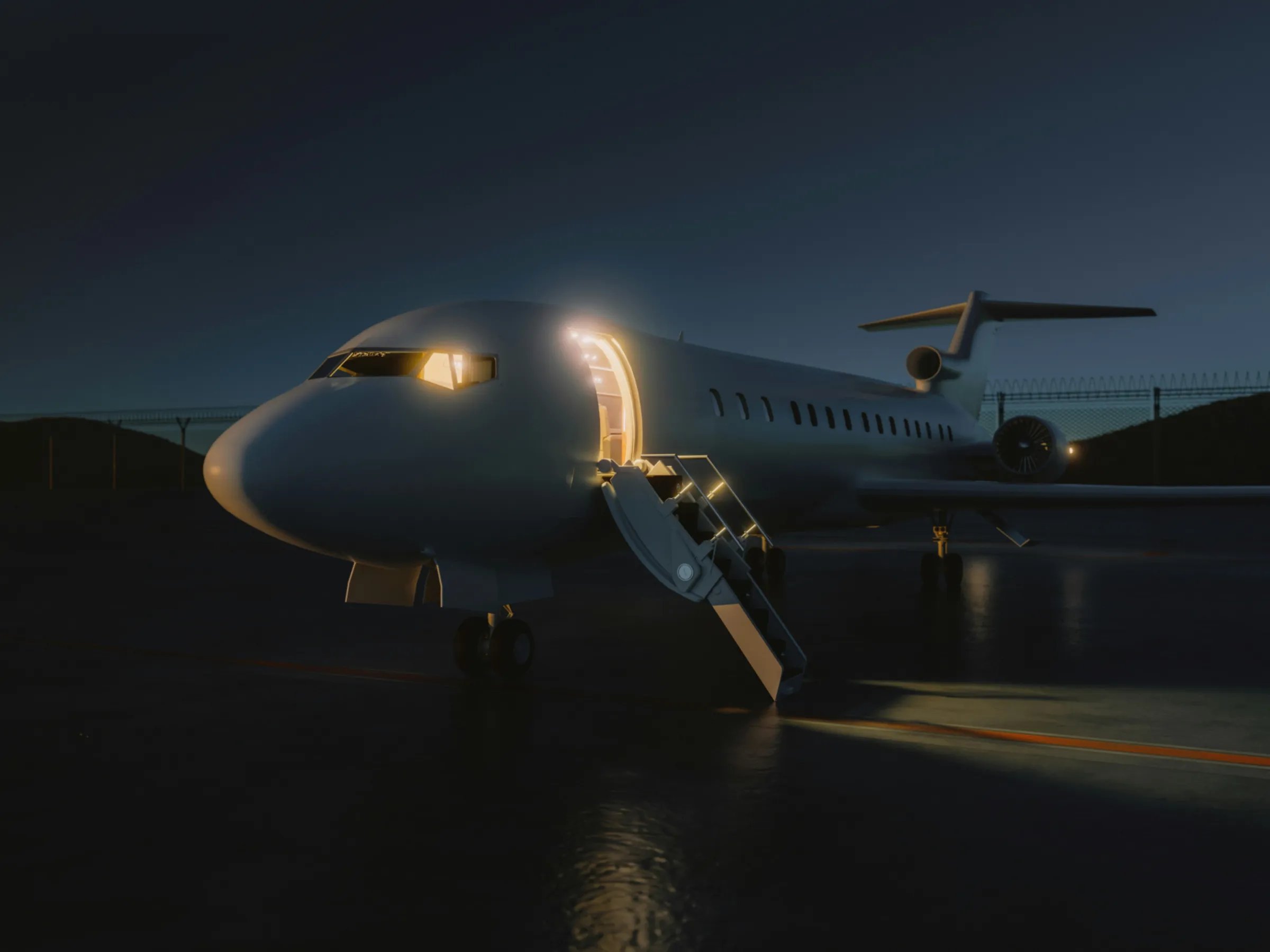 A private jet parked on a tarmac at dusk with its air-stair door lowered and warm cabin lights glowing from the doorway.