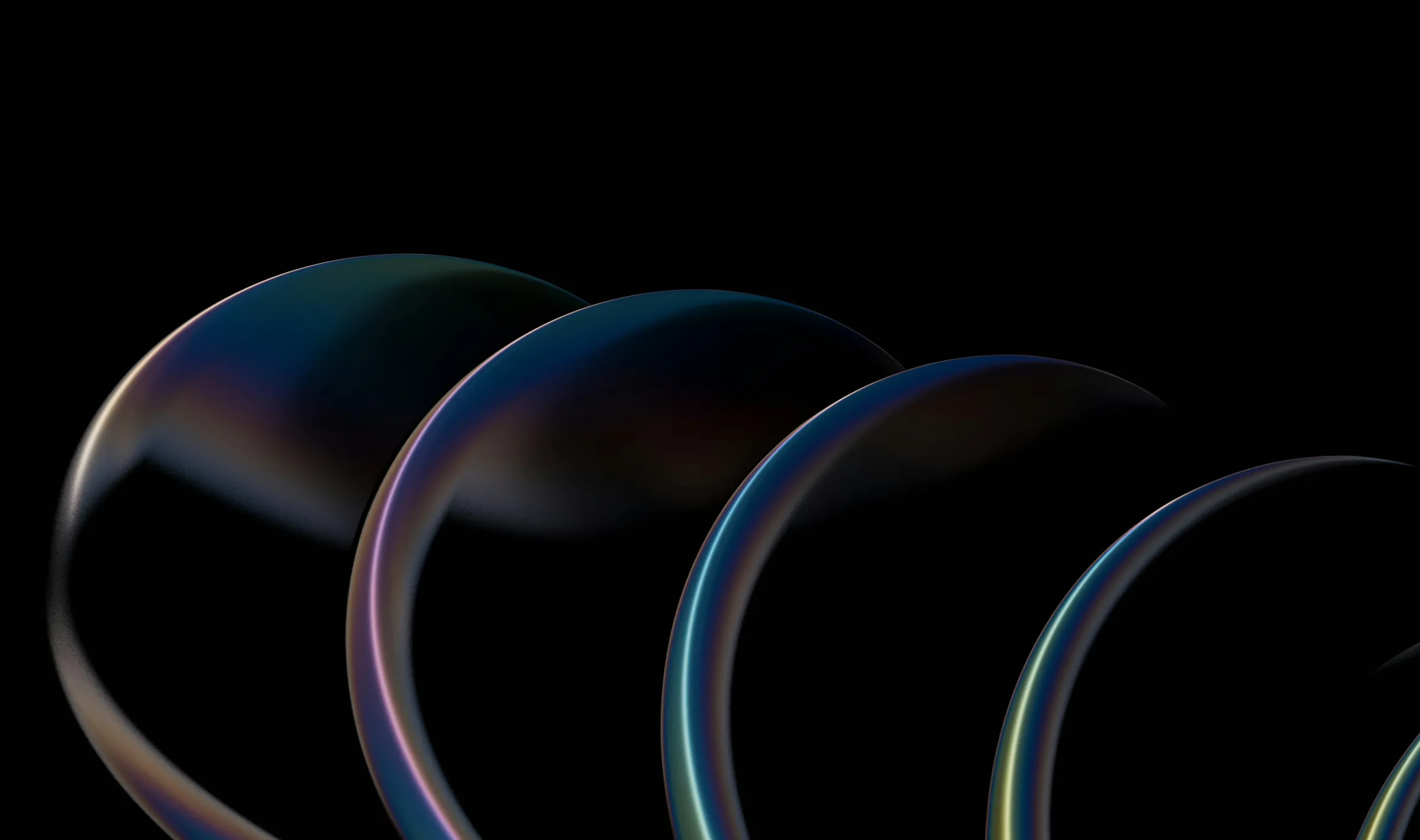 Abstract iridescent curved 3D forms with an oil-slick sheen on a black background.
