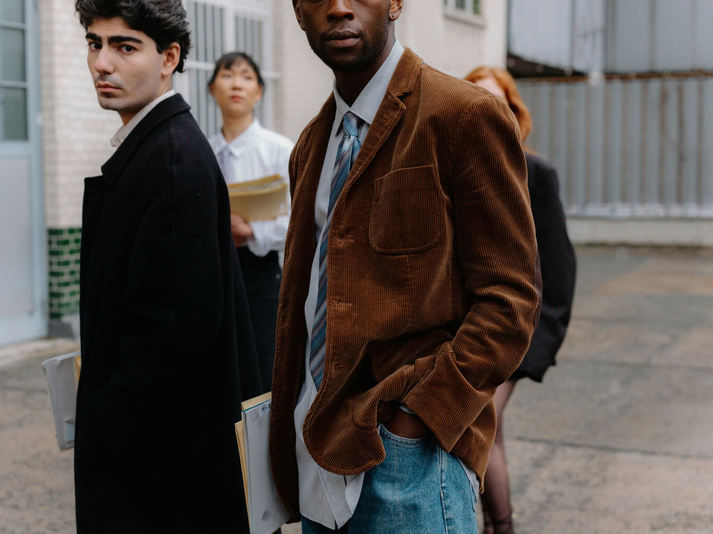 Close street portrait of four smartly dressed professionals walking outside an industrial building, a man in a brown corduroy blazer in front.